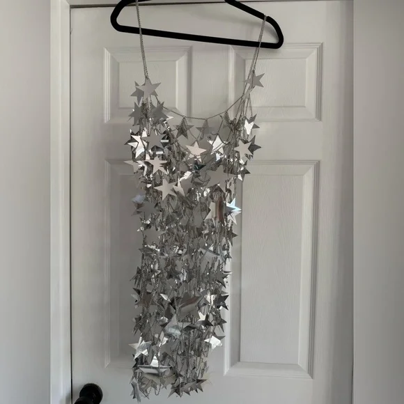 Silver Star Chainmail Mini Dress Festival Rave Metallic Party OS - Picture 6 of 9